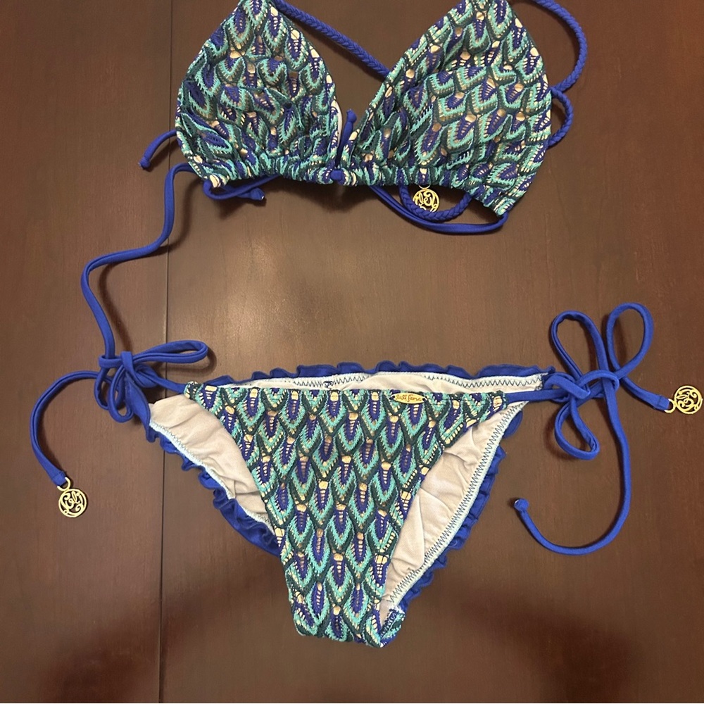 Luli Fama Blue & Green Patterned String Bikini with Gold Charms